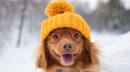 Dog with yellow knitted hat in winter