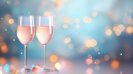 A two glass of sparkling wine on a soft pastel colorful bokeh background