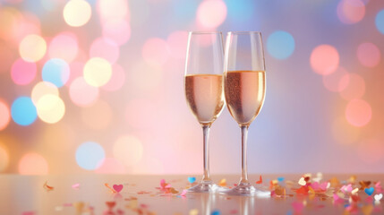 A two glass of sparkling wine on a soft pastel colorful bokeh background