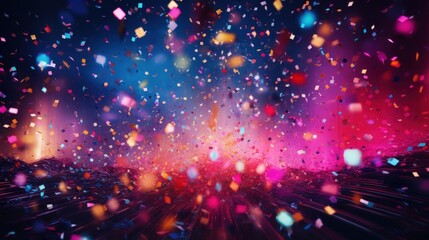 A festive and colorful party with flying neon confetti on a purple background - obrazy, fototapety, plakaty