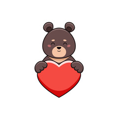 Cute black bear holding heart love in cartoon style. Vector illustration