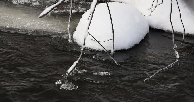 Closeup of flowing river in winter with ice on branch moving on water surface at Pitkäkoski rapids, Vantaa, Finland.