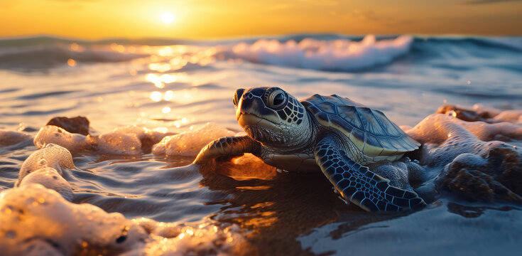 Newly hatched baby turtle on beach