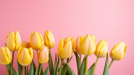 Yellow tulips on the pink background. Valentines background.