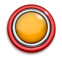Realistic big plastic button with shiny metallic and colored borders. In the national colors of the Spanish flag. With shadow on white background