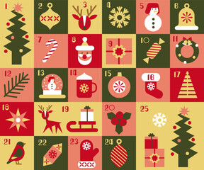 Christmas Advent calendar with geometric elements and decoration. Christmas poster.
