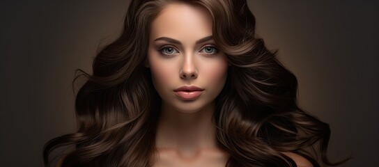 Fototapeta premium A Captivating Portrait: An Elegant Woman with Beautiful, Flowing Brown Locks created images with generative ai