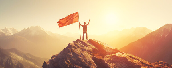 man holding a flag high on top of the Mount, Success Concept: Achieving Goals with Determination and Innovation, 
Business Success: Strategies and Achievements in the Modern World,Progress and Triumph