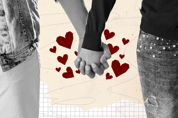 Close up collage romantic couple hands holding each other together lgbt family closeness concept isolated on beige color background