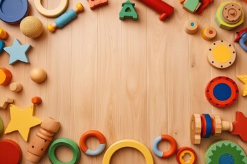 Top view of kids toys frame on wooden background with copy space.