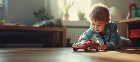 Cute little child boy playing with red big car toy sitting on the floor in his play room - obrazy, fototapety, plakaty