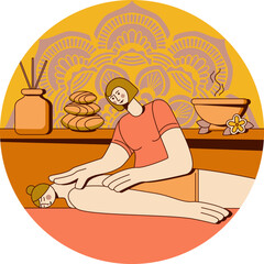 Traditional wellness back and neck massage with professional massage therapist in spa. Isolated flat vector illustration in circle shape.
