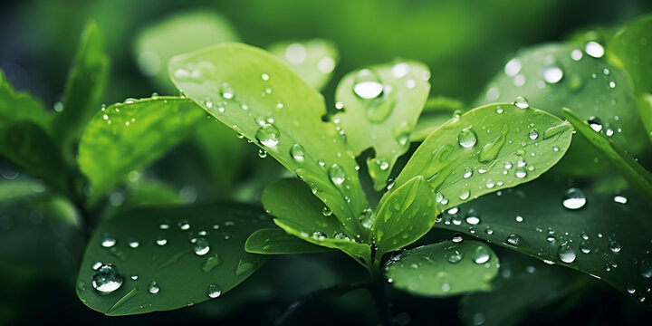 Abstract green leaves with rain drops natural background, A big green leaf and water drop on it and blur green background, Photo of raindrops on beautiful leaves with blur background, generative AI


