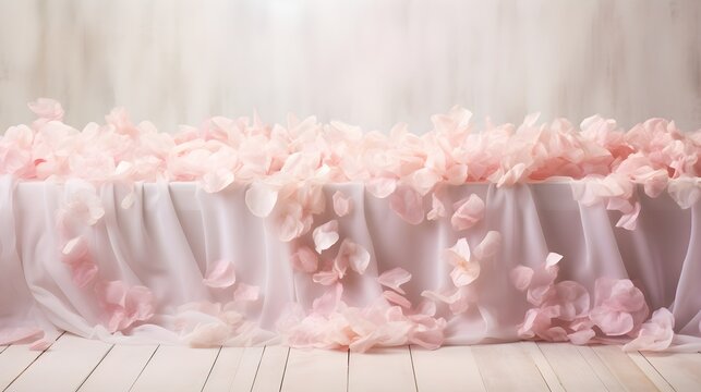 Table decorated with Pastel pink flower petals, wedding party creative image.