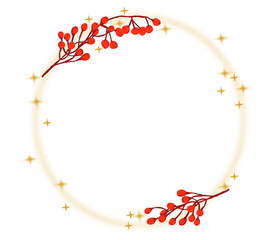Ilustración de corona de naturaleza navideña, con espacio para texto con fondo blanco. Ramitas con frutos rojos y estrellas doradas con destellos
