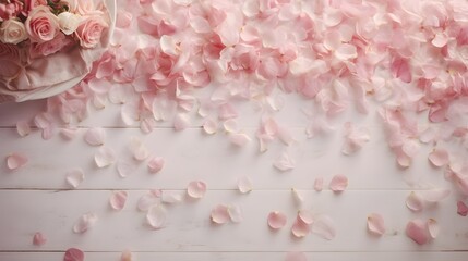Pastel pink flower petals decorations. White background with copy space