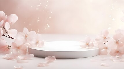 Empty stone pedestal with spring petals background. Modern product display. Minimal mockup template.
