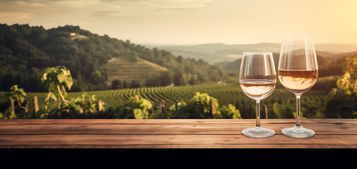 Wood table top with a glass of wine on blurred vineyard landscape background, for display or...