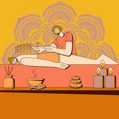 Needle Acupuncture Treatment with professional acupuncturist in spa. Chinese acupressure. Isolated flat vector illustration.