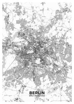 Berlin map. Detailed light map poster of Berlin (Germany). Scheme of the city with roads, highways, railways, buildings, rivers etc.