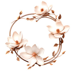 Realistic pink magnolia flowers and thin round copper with wedding concept