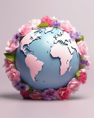 3d the Earth decorated for Valentine's day, white and blue globe, flowers and bows, in the style of octane render, pink