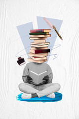 Creative retro 3d magazine collage image of smart clever guy book pile stack instead head isolated...