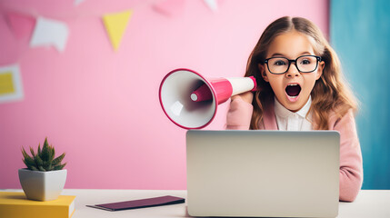 Girl child sit at her laptop and yells into a megaphone on pink background. Distance learning, discounts on online courses for kids, promo, online school promotion. - obrazy, fototapety, plakaty