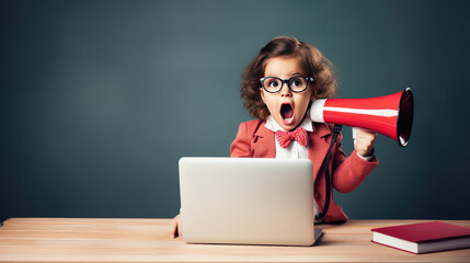 Girl child sit at her laptop and yells into a megaphone. Distance learning, discounts on online courses for kids, promo, online school promotion.