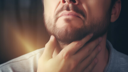 Man with sore throat or neck. Cold, cough, acute respiratory infection. Source of sore throat, seasonal illness. - obrazy, fototapety, plakaty