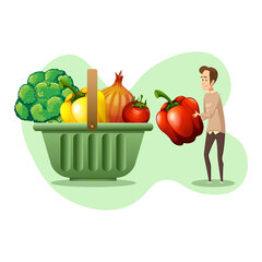 set of illustrations of proper healthy eating. A set of vegetables, a basket for vegetables, a man chooses proper nutrition. vector