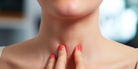 Woman with sore throat or neck. Cold, cough, acute respiratory infection. Source of sore throat, seasonal illness.