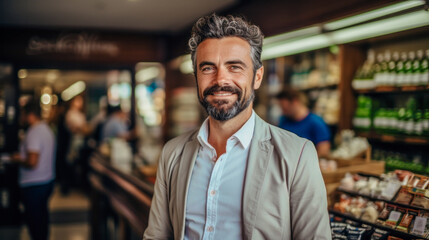 Fototapeta premium Sympathetic Pharmacist:in a Pharmacy, Background Wallpaper Brainstorming Magazine Cover Health Care