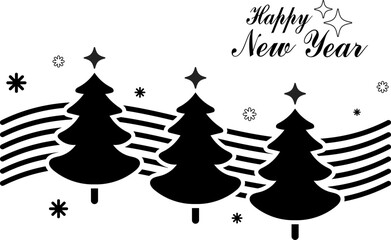 Happy New Year lettering. Contour of Christmas trees. Vector illustration, postcard, decor, materials for printing.