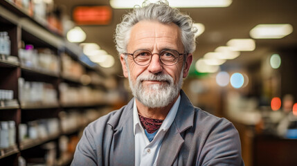 Fototapeta premium Sympathetic Pharmacist:in a Pharmacy, Background Wallpaper Brainstorming Magazine Cover Health Care