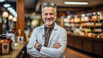 Fototapeta premium Sympathetic Pharmacist:in a Pharmacy, Background Wallpaper Brainstorming Magazine Cover Health Care