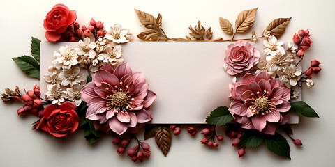 Wedding flowers decorations and Invitation frame with top view concept
