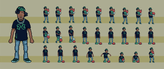 pixel art style illustration vector 8 bit 8-bit character set retro design game aseprite vintage boy shopping bag