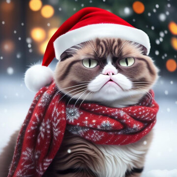 Comical portrait of a cat wearing a Christmas hat and scarf snow falling in the background.  Generative AI
