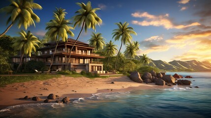 beachside luxury house scene with palm trees in Hawai