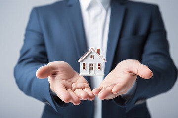 hands holding a small house, close-up. Concept of deal and real estate