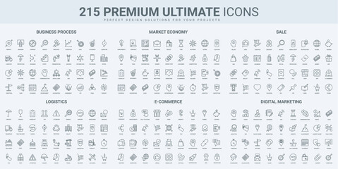 Ecommerce, stock market profit, business process thin black line icons set vector illustration. Outline symbols of warehouse distribution and delivery, advertising of product for sales growth