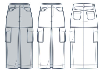 Cargo midi Skirt technical fashion illustration. Denim Skirt fashion flat technical drawing template, front slit, midi length, pockets, zipper, front and back view, white, grey, women CAD mockup set.