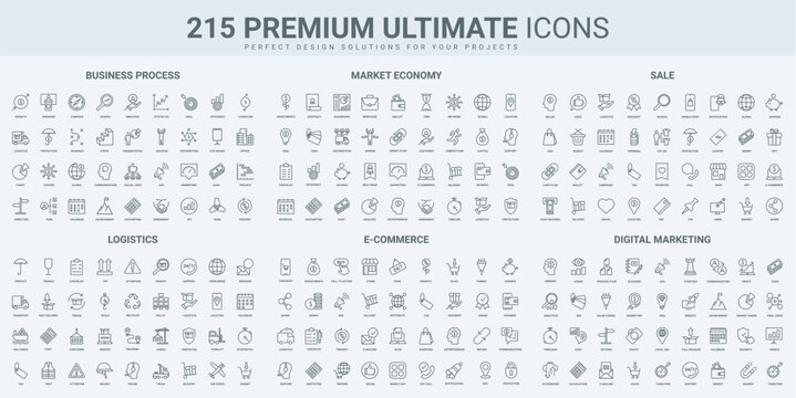 Ecommerce, stock market profit, business process thin black line icons set vector illustration. Outline symbols of warehouse distribution and delivery, advertising of product for sales growth