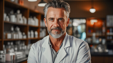 Fototapeta premium Sympathetic Pharmacist:in a Pharmacy, Background Wallpaper Brainstorming Magazine Cover Health Care
