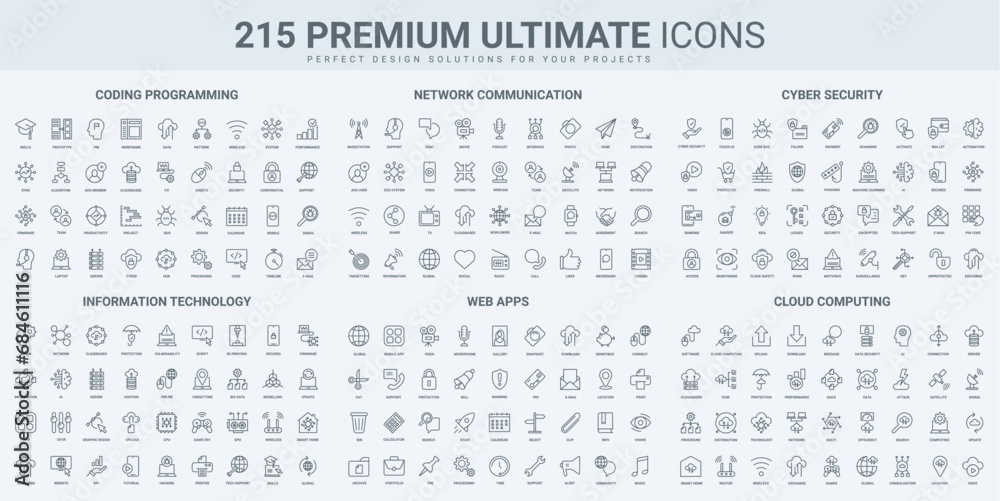 Aufkleber Program code and network communication, mobile app for media thin black line icons set vector illustration. Outline symbols of online video and TV, data protection and cloud computing, support