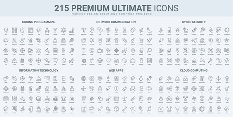 Program code and network communication, mobile app for media thin black line icons set vector illustration. Outline symbols of online video and TV, data protection and cloud computing, support