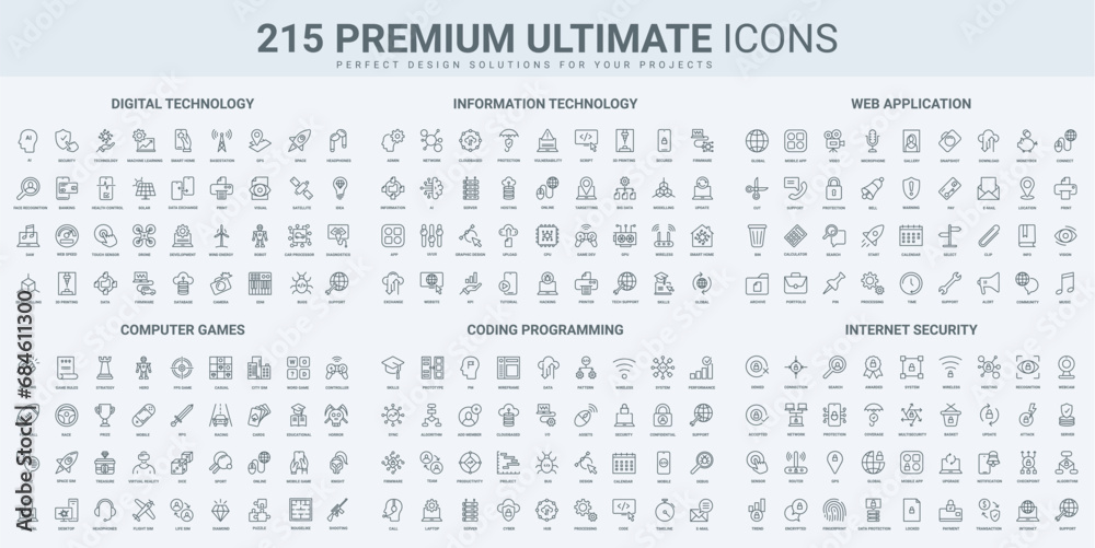 Wall mural video games, software code, cloud technology thin black line icons set vector illustration. outline 