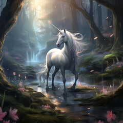 Obraz na płótnie Canvas white unicorn in the forest