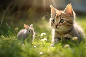cute cat with cute bunny playing on the green grass of the garden with blurred background and sunlight